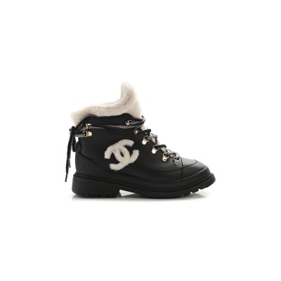 CHANEL CALFSKIN SHEARLING CC LACE UP BOOTS ‎G35376